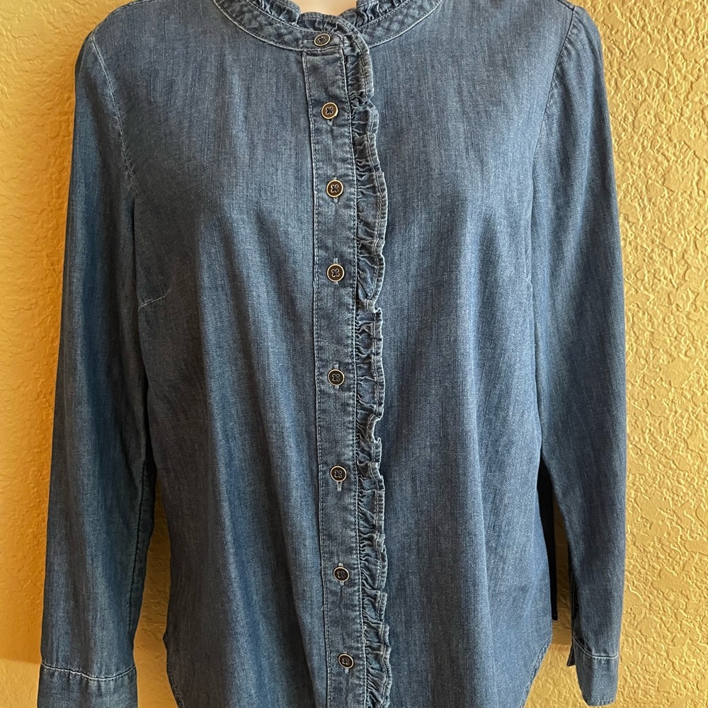 Talbots Petite Ruffled Denim Shirt - Picture 2 of 6